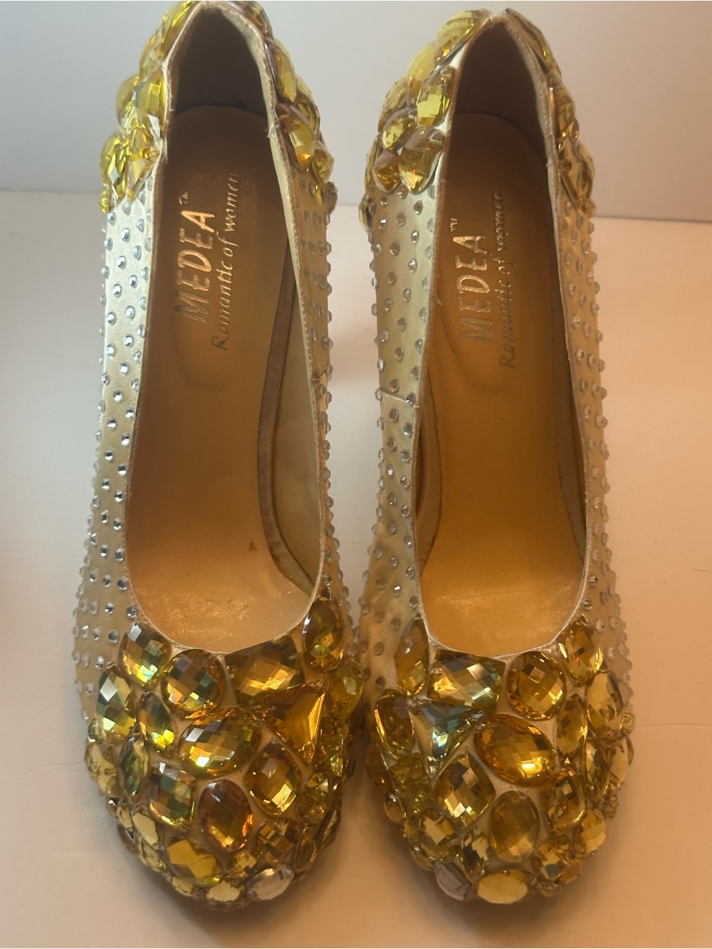 Medela Gold Jeweled Crystal Embellished Women's Pumps